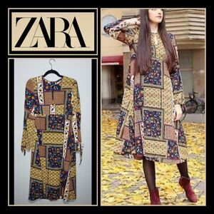 NWOT ZARA Size Small Patchwork Peasant Dress Midi Tea Length 70s Floral Bohemian